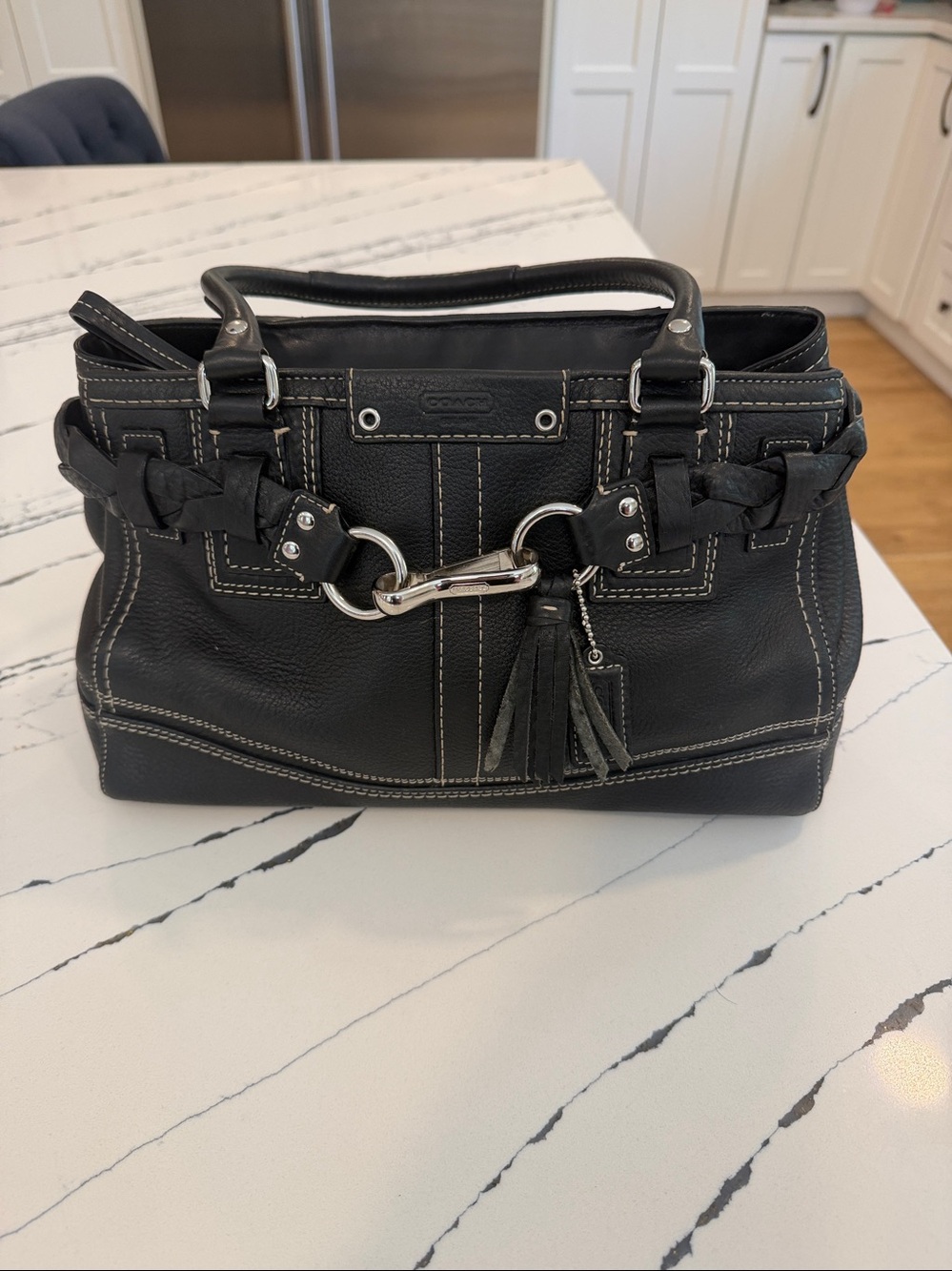Coach Black Leather Satchel with Braided Straps and Tassel